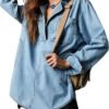 Women'S Autumn Casual Daily Wear Loose Washed Vintage Denim Blouse, Long Sleeve With Pocket, Customizable