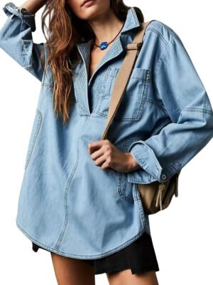 Women'S Autumn Casual Daily Wear Loose Washed Vintage Denim Blouse, Long Sleeve With Pocket, Customizable