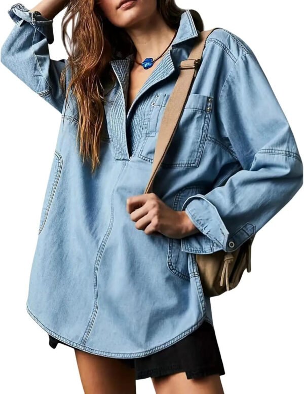 Women'S Autumn Casual Daily Wear Loose Washed Vintage Denim Blouse, Long Sleeve With Pocket, Customizable
