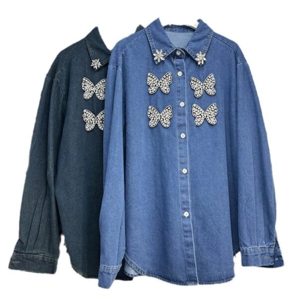 Spring New Denim Women With Diamonds Loose Jacket Casual Shirt