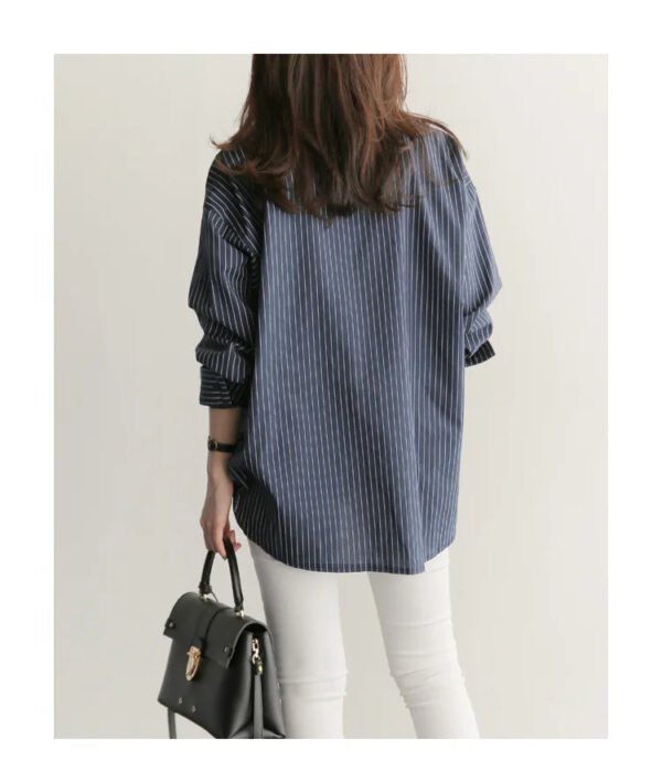 Women Spring And Autumn Cotton Striped Blouse Shirts Loose Casual Long Sleeve Women Shirt Lapel V Neck Button Casual Shirt