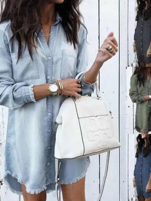 Women'S Long Sleeve Denim Jeans New Fashion Streetwear Casual Shirt With Tassel Decoration Button Xl Size Summer Style