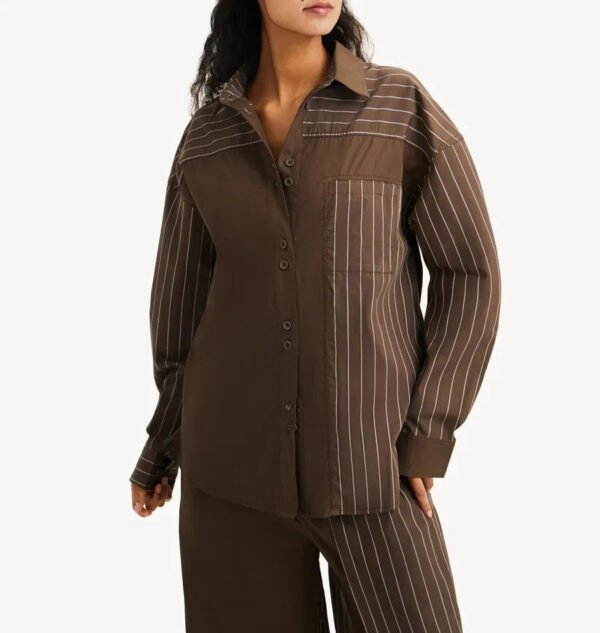 Hot Sale Women'S Brown Striped Patchwork Shirt Loose Fit Button Down Casual Office Blouse