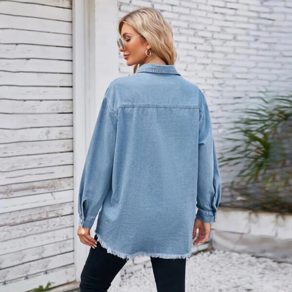 Vintage Washed Breathable Windproof Mid Length Denim Women'S Shirt Jacket Long Sleeve Pocket Casual Solid Color Summer