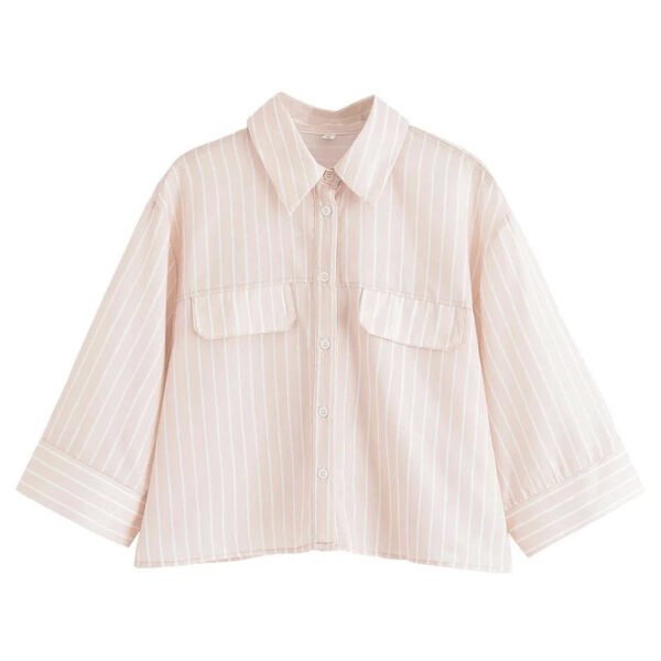 Spring Autumn New European American Style Women'S Fashion Casual Loose Single Breasted Striped Shirt Lapel