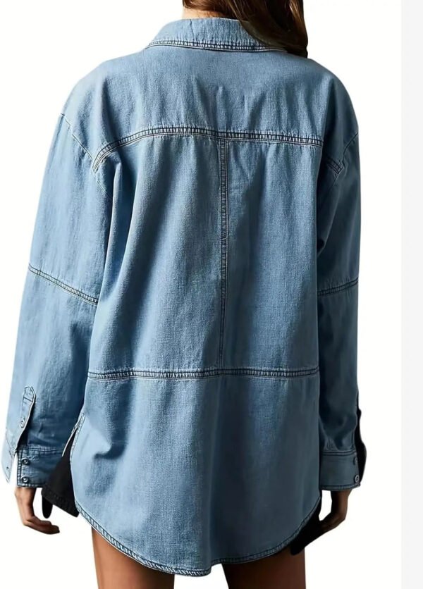 Women'S Autumn Casual Daily Wear Loose Washed Vintage Denim Blouse, Long Sleeve With Pocket, Customizable
