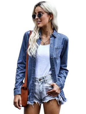 Casual Wear Long Sleeve Single Button Closure Denim Shirt And Blouse For Women Jeans Jacket