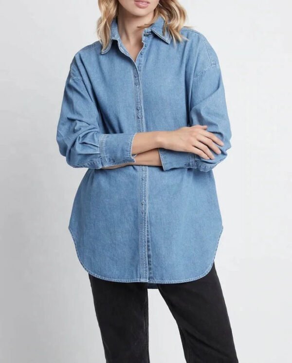 New Women'S Oversized Denim Shirt Long Sleeve Lightweight Fabric Top Ladies Casual Denim Blouse