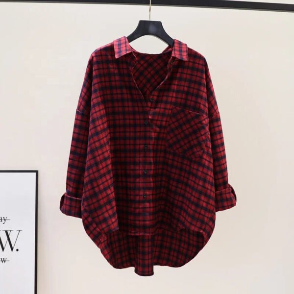 Summer New Large Size Loose Waist Long Sleeve Plaid Shirt Ladies' Blouses