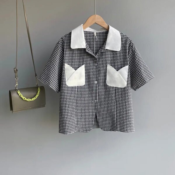 Retro Plaid Short Sleeved Shirt Women Summer College Style Loose Lapel Shirt