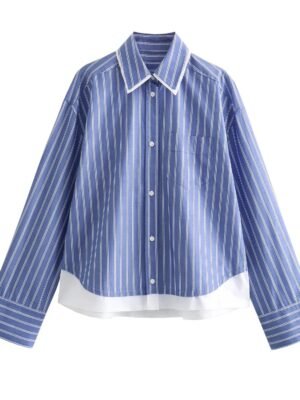 Women'S Shirt Spring And Summer New Fashion Stitching Design Lapel Striped Top Women'S Shirt Chic