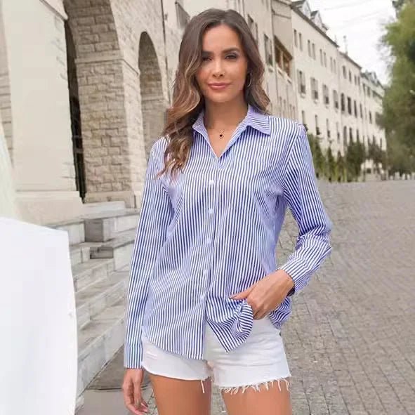 Striped Women'S Loose Fitting Button Down Shirt Casual Woven Long Sleeve Collared Top