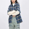 Women'S Double Layer Sleeve Oversize Cotton Plaid Shirt Button Up Casual Style With Embroidery Decoration