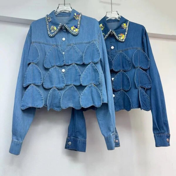 Boutique Summer New Fashionable Lapel Nail Bead Loose Casual Denim Women'S Shirt