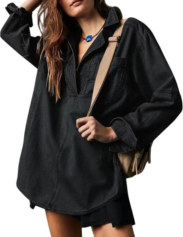 Women'S Autumn Casual Daily Wear Loose Washed Vintage Denim Blouse, Long Sleeve With Pocket, Customizable