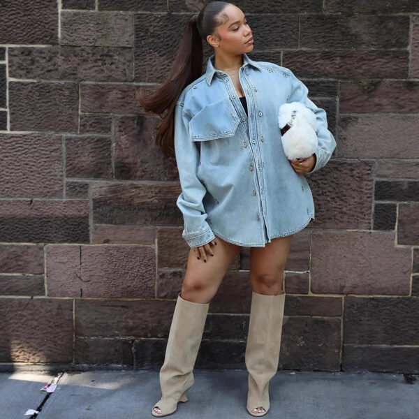 Women'S Casual Denim Jacket Coat Loose Patchwork Button Long Sleeve Jean Top Streetwear Demin Shirts Women Clothing