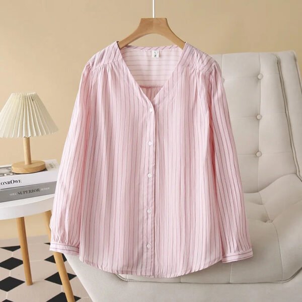 Women'S Striped Print V Neck Plus Size Casual Shirt For Office Commuting Fashionable And Versatile For Spring Season