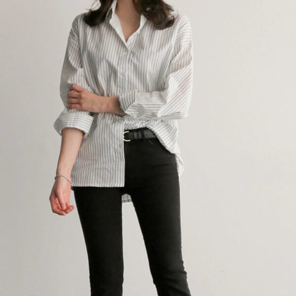 Women Spring And Autumn Cotton Striped Blouse Shirts Loose Casual Long Sleeve Women Shirt Lapel V Neck Button Casual Shirt