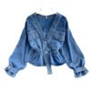 Sweet French Button New Irregular Cinched Long Sleeve Mujer Western Ruffled V Neck Jean Denim Blouse Shirt For Women