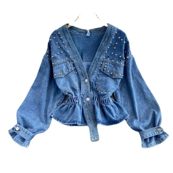 Sweet French Button New Irregular Cinched Long Sleeve Mujer Western Ruffled V Neck Jean Denim Blouse Shirt For Women