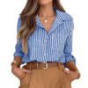 Fashion Fall Clothing Women Long Sleeve Stripped Shirt Elegant Tops Ladies Sexy Blouses Shirts