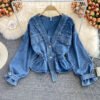 Sweet French Button New Irregular Cinched Long Sleeve Mujer Western Ruffled V Neck Jean Denim Blouse Shirt For Women