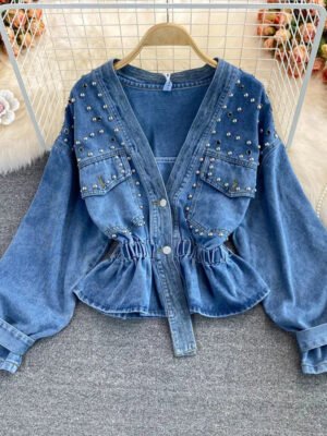 Sweet French Button New Irregular Cinched Long Sleeve Mujer Western Ruffled V Neck Jean Denim Blouse Shirt For Women