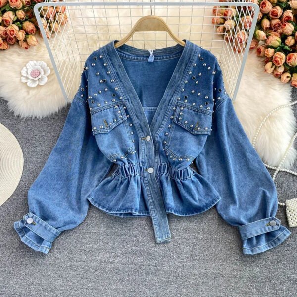 Sweet French Button New Irregular Cinched Long Sleeve Mujer Western Ruffled V Neck Jean Denim Blouse Shirt For Women
