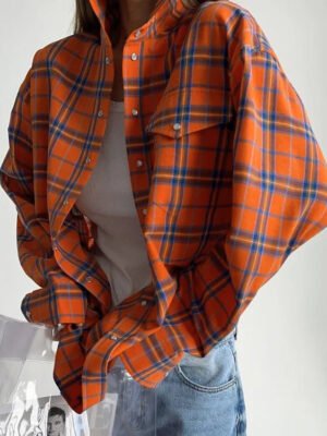 Fashion Loose Plaid Women'S Blouse Elegant Lapel Long Sleeve Shirts