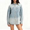 Women'S Loose Fit Breathable 100% Cotton Denim Shirt Multi Pocket Design Long Sleeve Medium Wash Streetwear Style