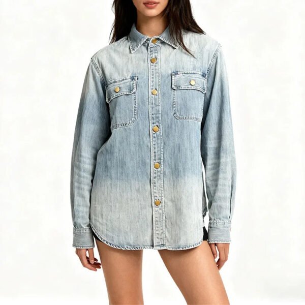 Women'S Loose Fit Breathable 100% Cotton Denim Shirt Multi Pocket Design Long Sleeve Medium Wash Streetwear Style