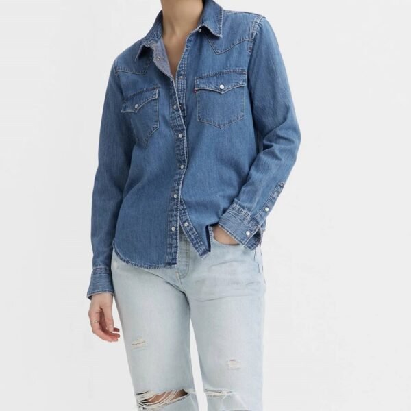 Women'S Blue Denim Shirt Casual Long Sleeve Lapel Button Blouse Comfortable Loose Top Formal Summer Fashion