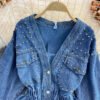Sweet French Button New Irregular Cinched Long Sleeve Mujer Western Ruffled V Neck Jean Denim Blouse Shirt For Women