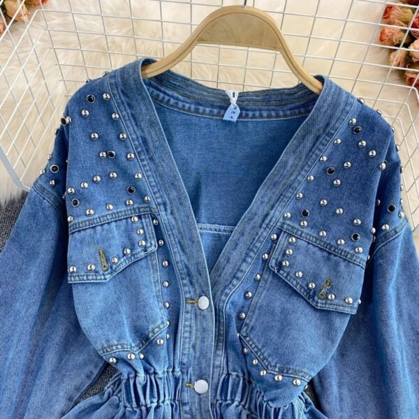 Sweet French Button New Irregular Cinched Long Sleeve Mujer Western Ruffled V Neck Jean Denim Blouse Shirt For Women
