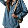 Women'S Autumn Casual Daily Wear Loose Washed Vintage Denim Blouse, Long Sleeve With Pocket, Customizable