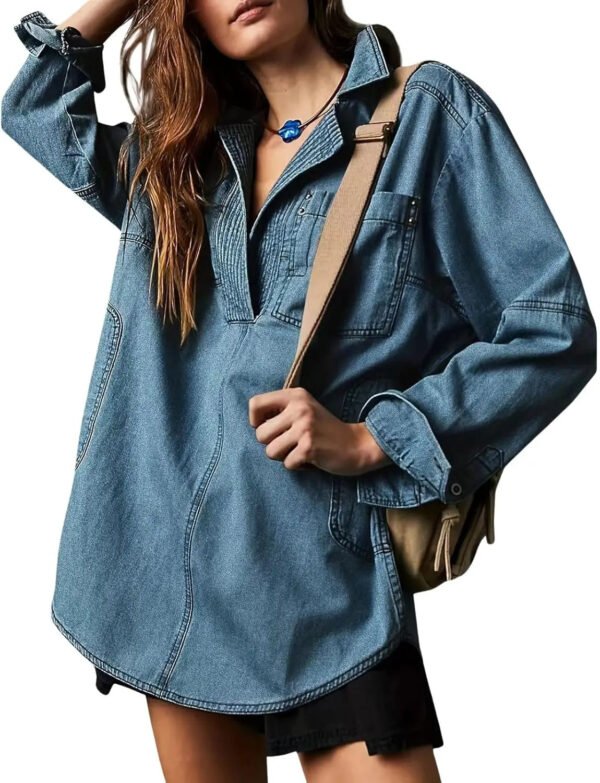 Women'S Autumn Casual Daily Wear Loose Washed Vintage Denim Blouse, Long Sleeve With Pocket, Customizable