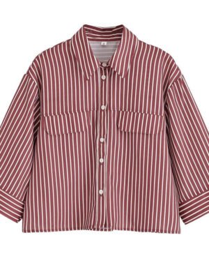 Spring Autumn New European American Style Women'S Fashion Casual Loose Single Breasted Striped Shirt Lapel