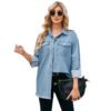 Vintage Washed Breathable Windproof Mid Length Denim Women'S Shirt Jacket Long Sleeve Pocket Casual Solid Color Summer