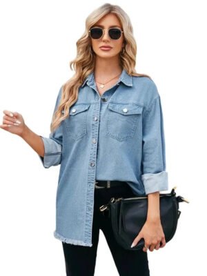 Vintage Washed Breathable Windproof Mid Length Denim Women'S Shirt Jacket Long Sleeve Pocket Casual Solid Color Summer