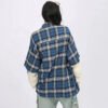 Women'S Double Layer Sleeve Oversize Cotton Plaid Shirt Button Up Casual Style With Embroidery Decoration