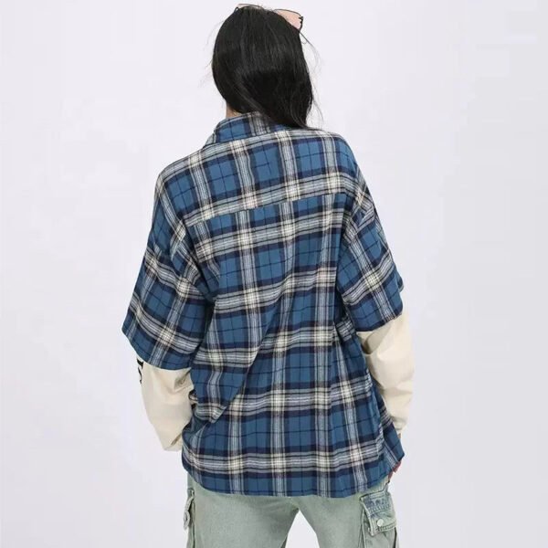 Women'S Double Layer Sleeve Oversize Cotton Plaid Shirt Button Up Casual Style With Embroidery Decoration