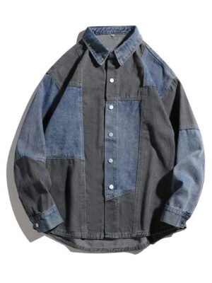 Retro Washed Denim Shirt For Men And Women, Spring And Autumn Design Sense, Niche Patchwork Casual Lapel Workwear Shirt Jacket