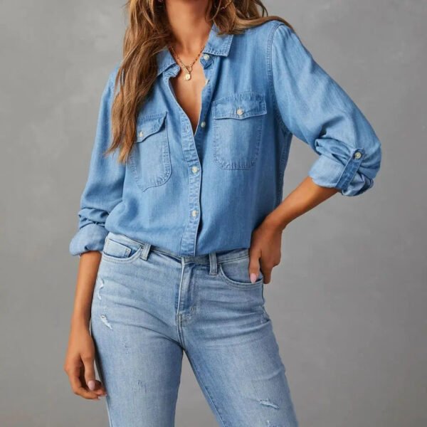 Autumn Women'S Casual Turn Collar Single Breasted Pure Color Long Sleeve Denim Shirt Fashionable Trendy Commuting Denim Top