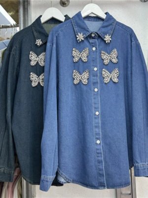 Spring New Denim Women With Diamonds Loose Jacket Casual Shirt