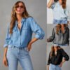 Autumn Women'S Casual Turn Collar Single Breasted Pure Color Long Sleeve Denim Shirt Fashionable Trendy Commuting Denim Top