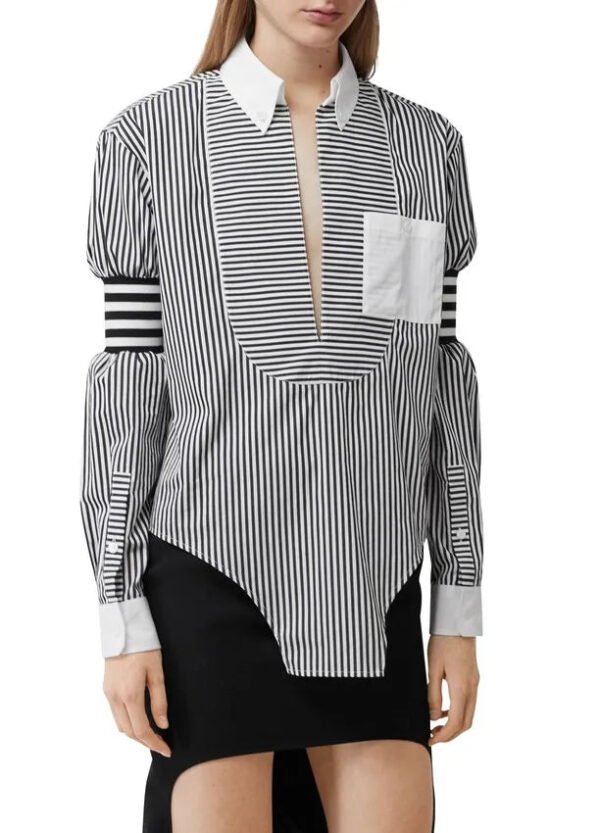 Women & Ladies Fashion And Casual Contrast Color Fabric Long Sleeves Striped Shirts Blouse