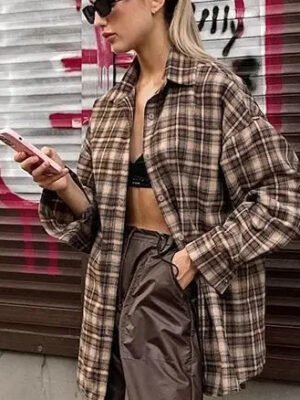 High Quality Women'S Long Plaid Shirt Jackets Loose Bottom Vintage Tops For Summer