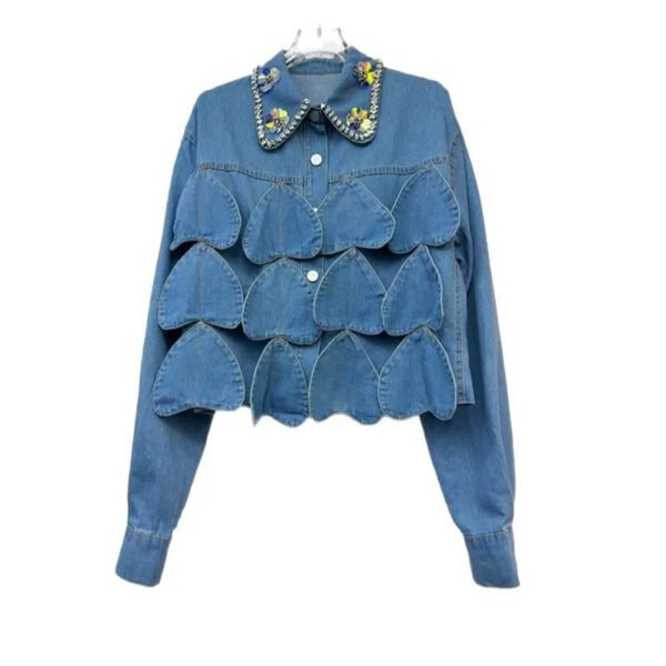 Boutique Summer New Fashionable Lapel Nail Bead Loose Casual Denim Women'S Shirt