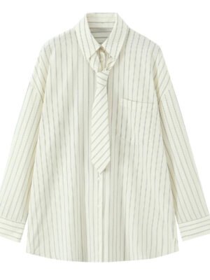 Women'S Clothing Autumn New Fashion Simple Versatile Striped Tie Loose Shirt