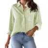 Striped Women'S Loose Fitting Button Down Shirt Casual Woven Long Sleeve Collared Top